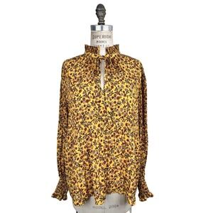 Max Studio Floral Blouse Womens L Yellow Ruffle Pleated Tie Neck Victorian Boho